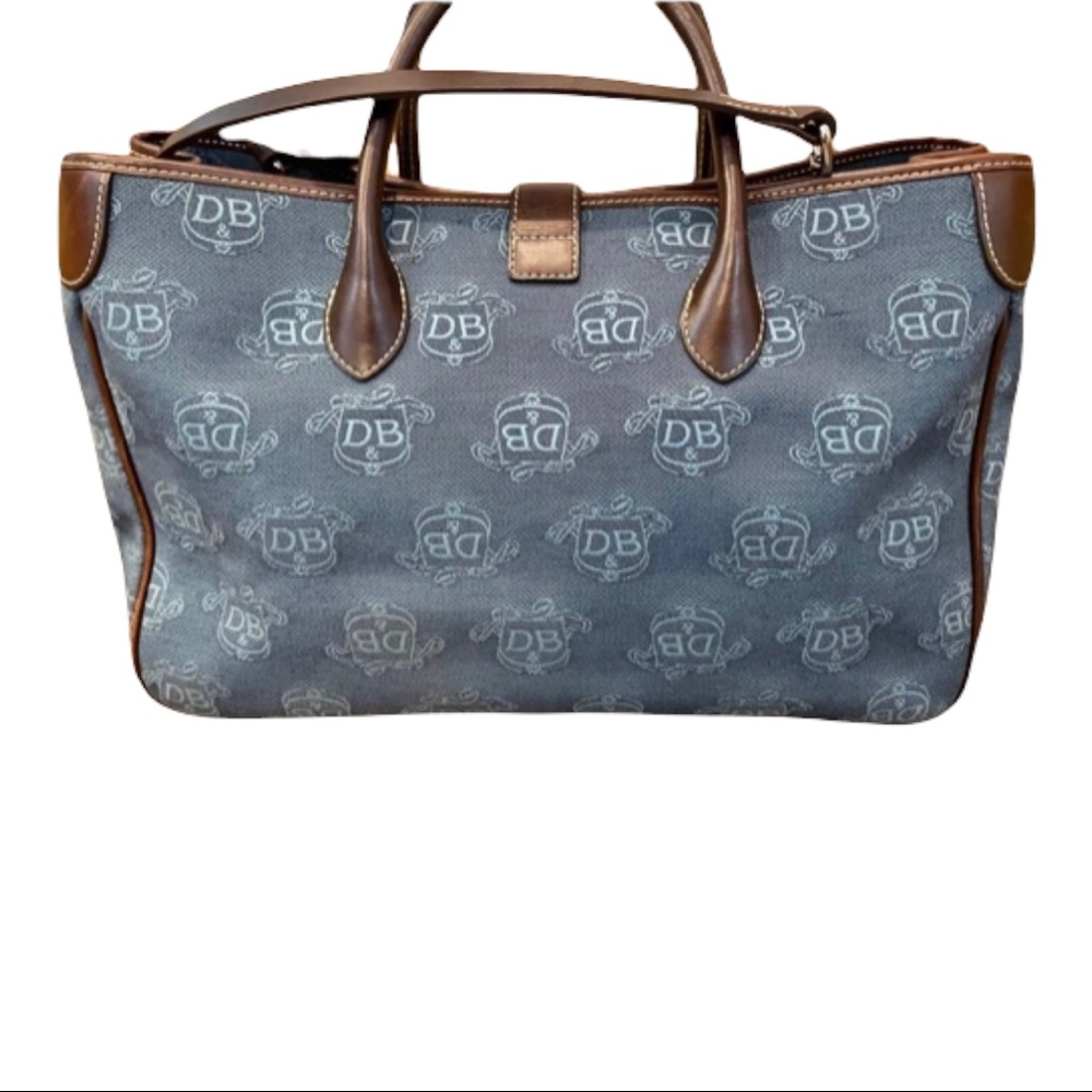 Dooney & Bourke Bag Large Logo Denim Blue Brown Canvas Leather Tote - Picture 5 of 11